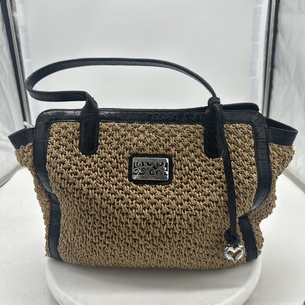 Brighton Woven Straw Raffia Tote Tan Black Buckle Heart Charm Silver Hardware
